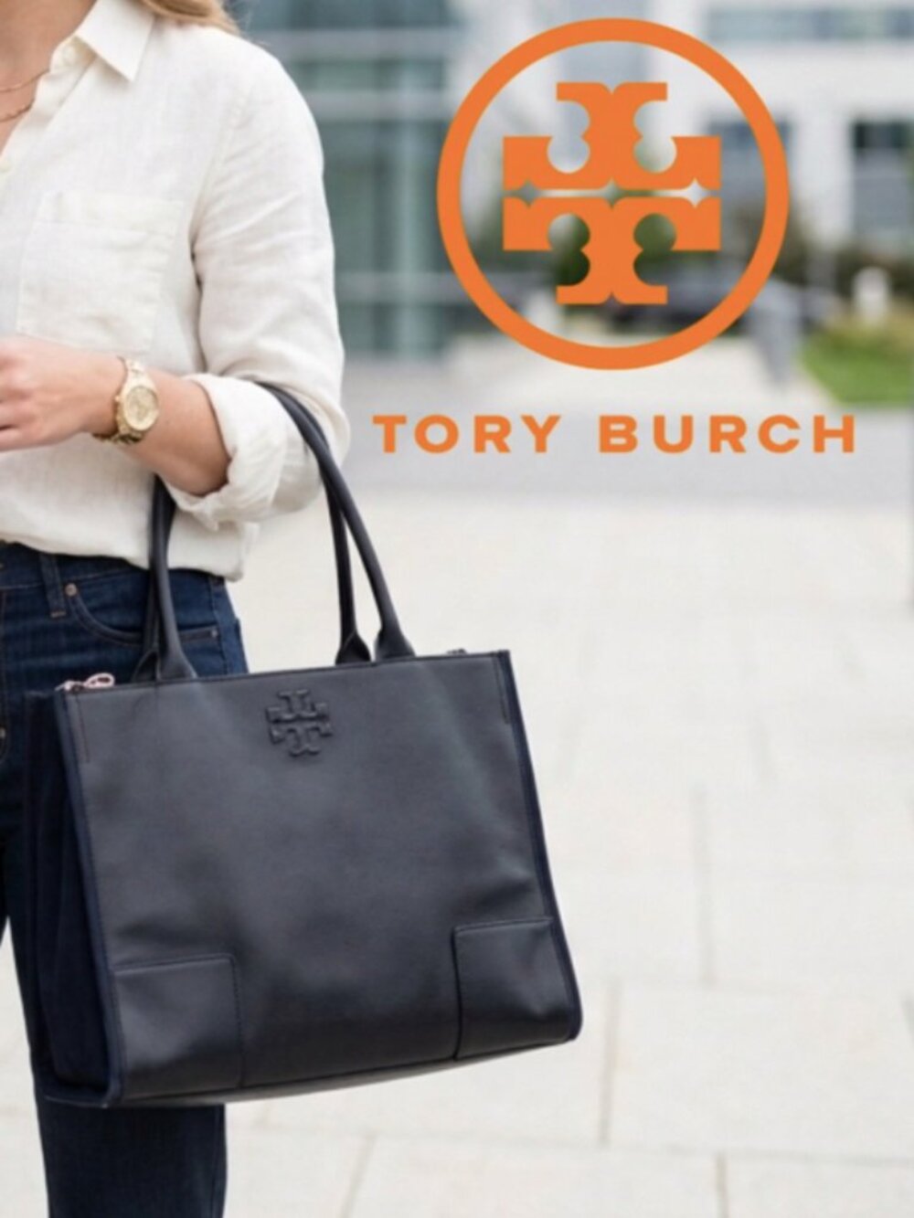 Tory Burch Ella Leather Canvas Tote Bag
